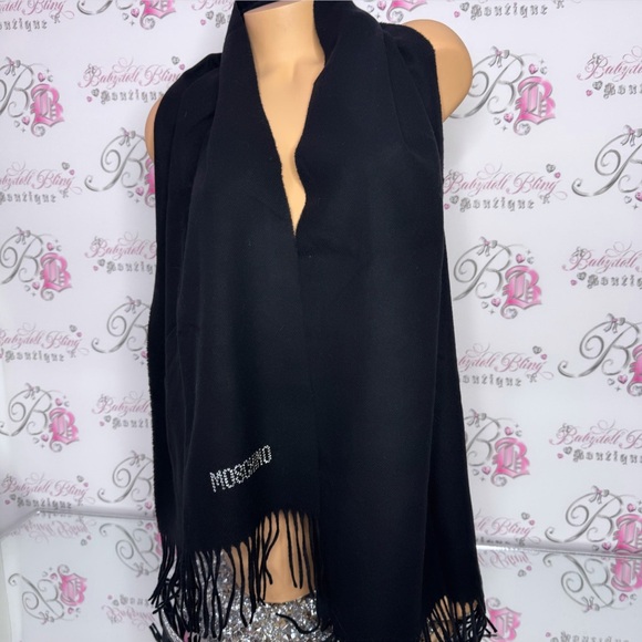 Moschino scarf scarve wrap black Swarovski crystals silver tassles bling luxe - Picture 2 of 7